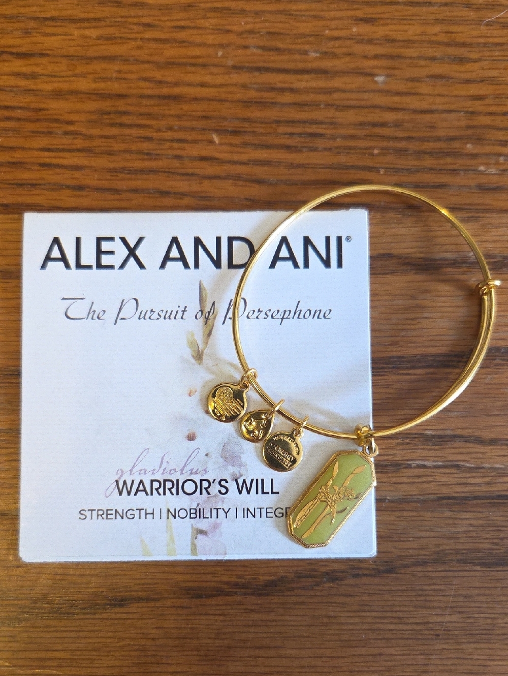 Alex and Ani Gold Bangle Bracelet with Green Warrior's Will Charm - Gladiolus